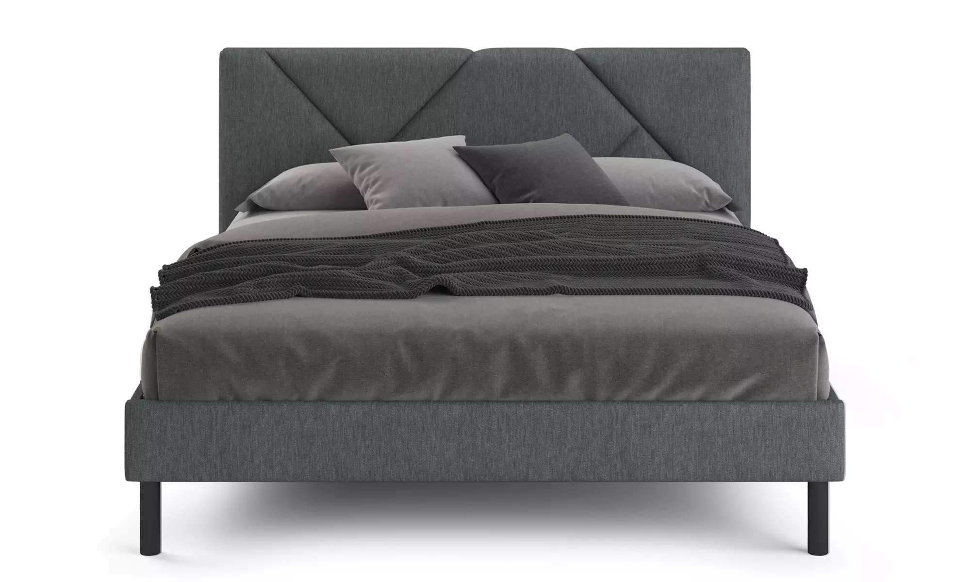 Letto imbottito in tessuto con doghe in legno e vano contenitore