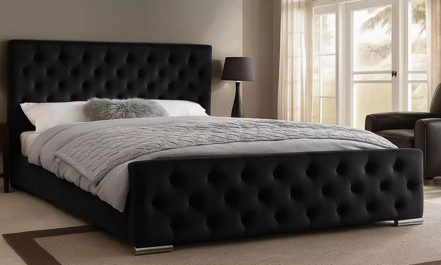 Oasis Diamante or Button Plush Bed Frame with Sprung Memory Foam Mattress