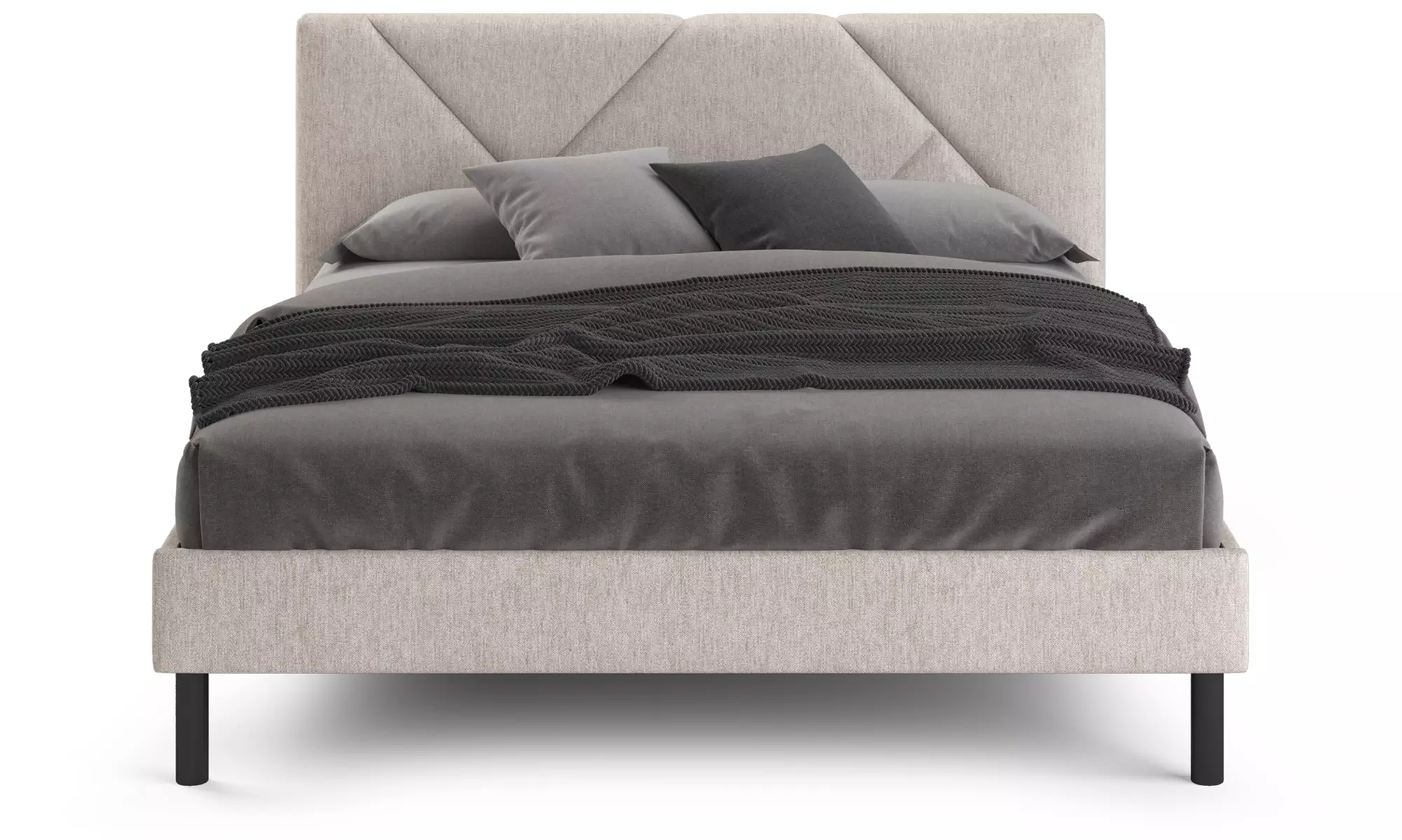 Letto imbottito in tessuto con doghe in legno e vano contenitore