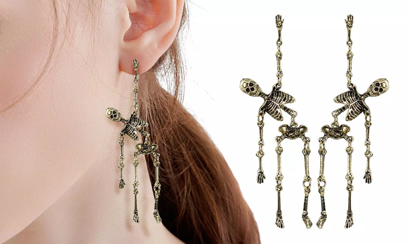 Costume Halloween Hanging Skeleton Drop Stud Earrings