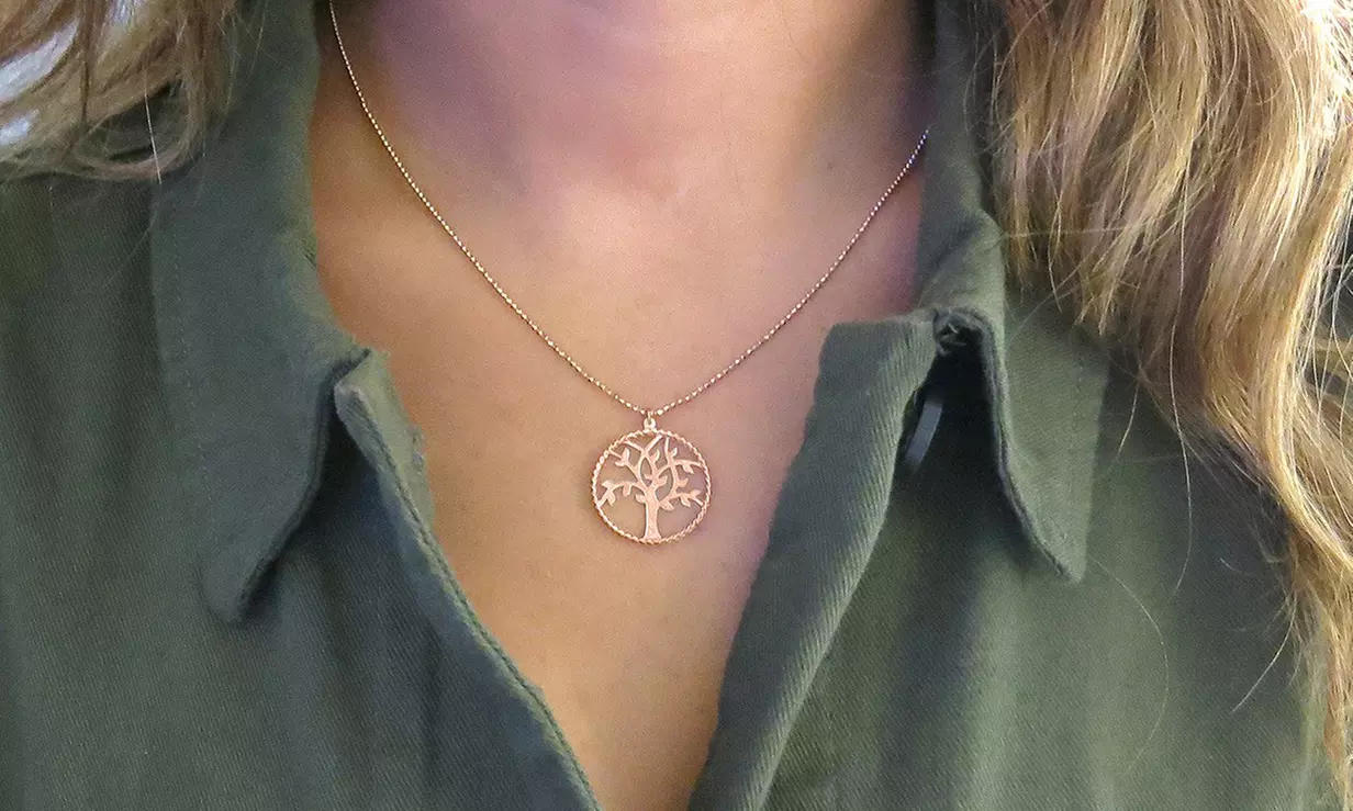 Italian 18K Rose Gold Plated Sterling Silver Diamond Cut Tree Of Life Necklace