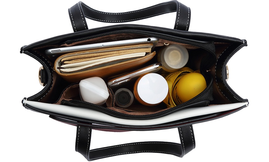 Image 15: Women PU Leather Classy Contrast Panel Shoulder Bag