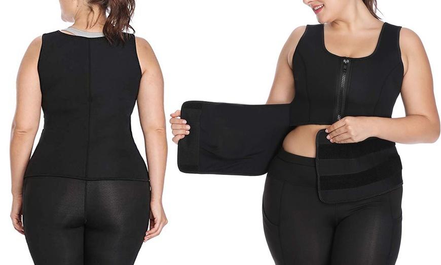 Image 1: Women Neoprene Sweat Sauna Suit Tank Top Vest with Shaper Waist Trainer Belt
