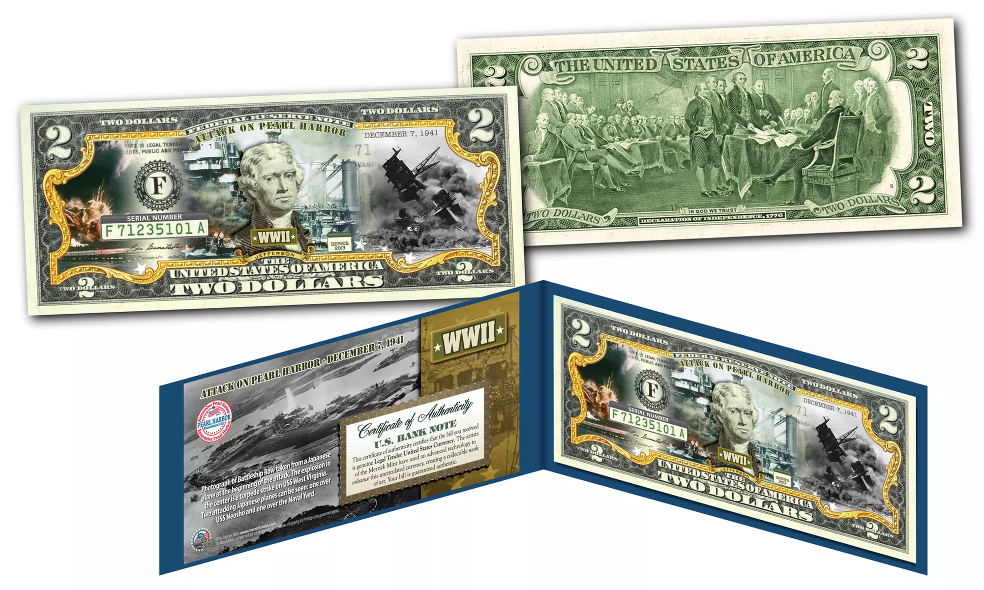 PEARL HARBOR World War II Genuine Legal Tender U.S. Two Dollar Bill