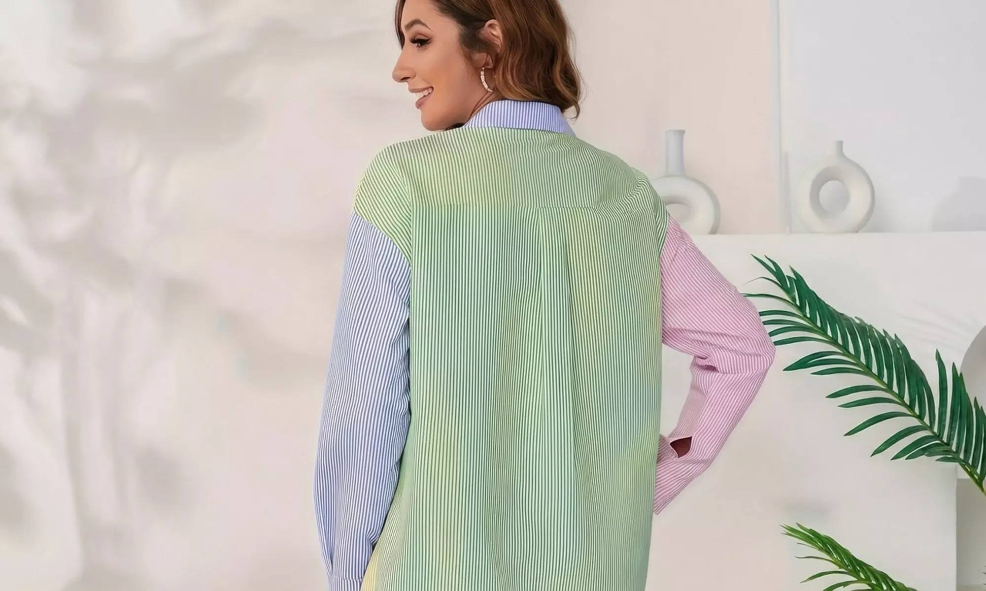 Women’s Oversized Colourblock Striped Button-Up Tunic Shirt