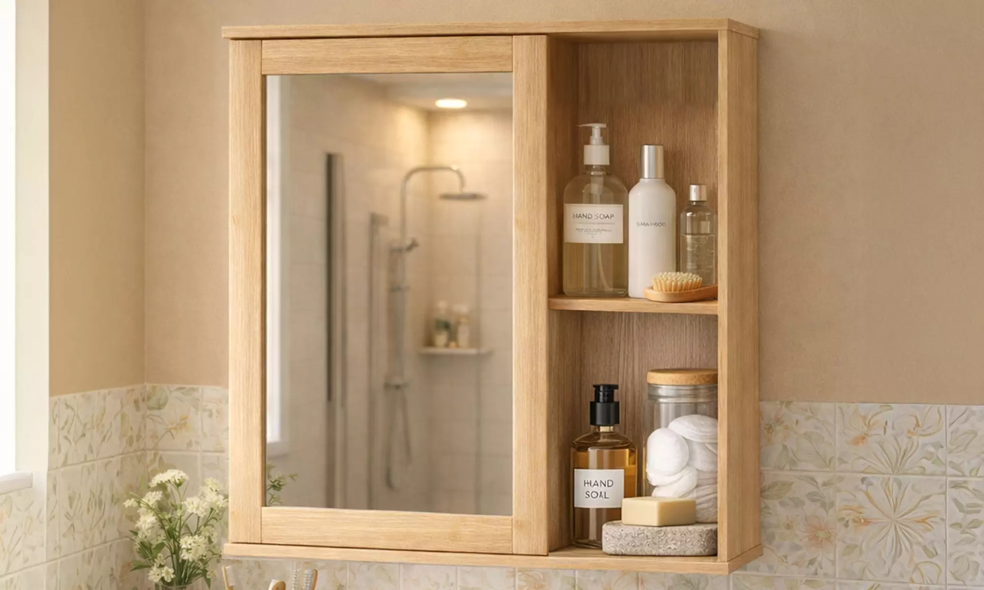 Levede Oak Finish Wall Mounted Mirror Cabinet with Open Shelves