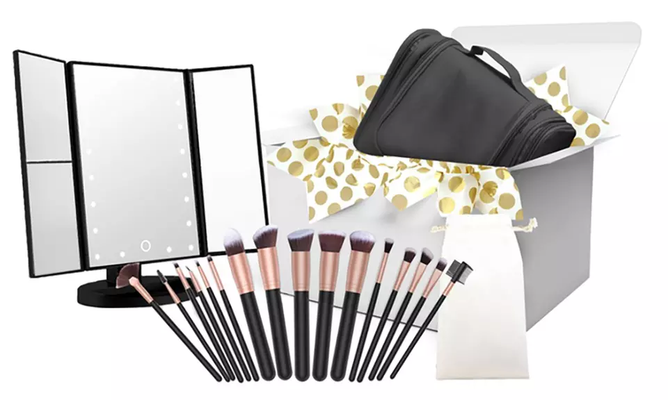 Holiday Gift Set: Makeup Brushes, Toiletry Organizer Bag, and LED Mirror - Primary Image