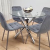 Image 1: Round Clear Glass Dining Table with Chrome Legs and Four Velvet Chairs