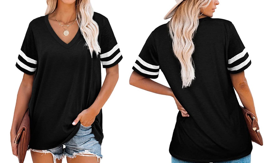 Image 2: Women's Striped Sleeve V-Neck T-Shirt