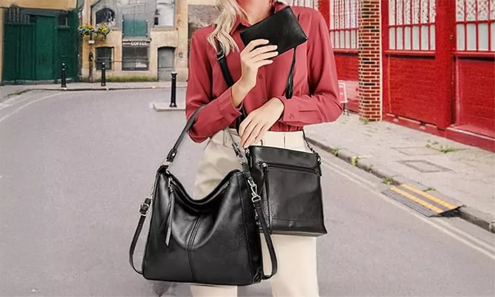 Handtasche, Schultertasche und Geldbörse in Leder-Optik in Schwarz, Braun oder Grau für Damen - Primary Image