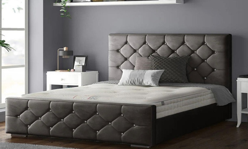Image 6: Oasis Diamante or Button Plush Bed Frame with Sprung Memory Foam Mattress 