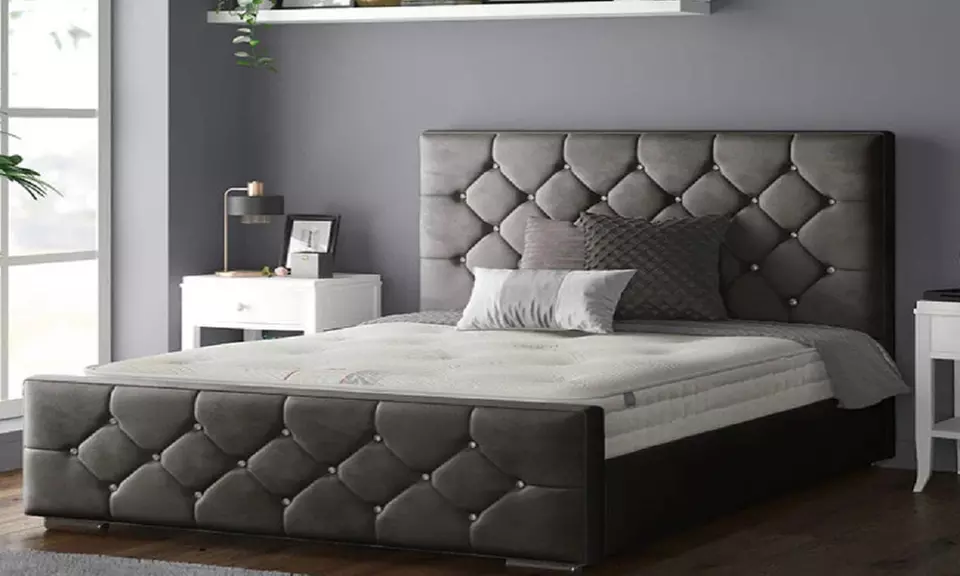 Oasis Diamante or Button Plush Bed Frame with Sprung Memory Foam Mattress