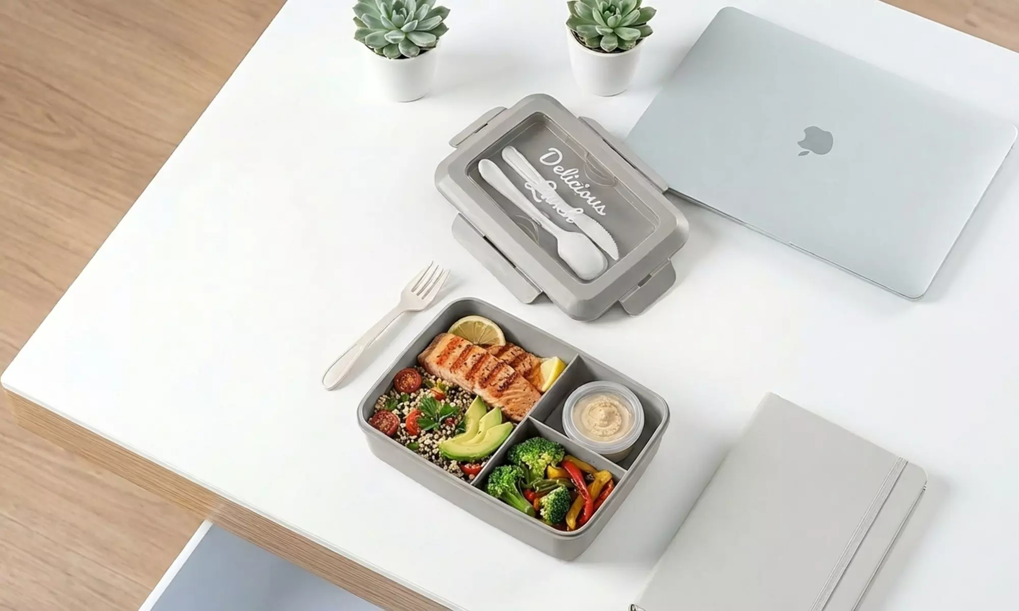 Set van 2 lunchboxen (1300 ml.) met 3 vakken en bestek