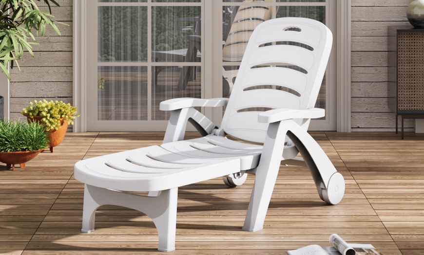 Image 2: Outdoor Foldable Lounger Recliner with Wheels