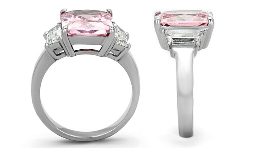 Image 4: WOMENS 6.64 CT EMERALD CUT ROSE ZIRCONIA STAINLESS STEEL ENGAGEMENT RING 