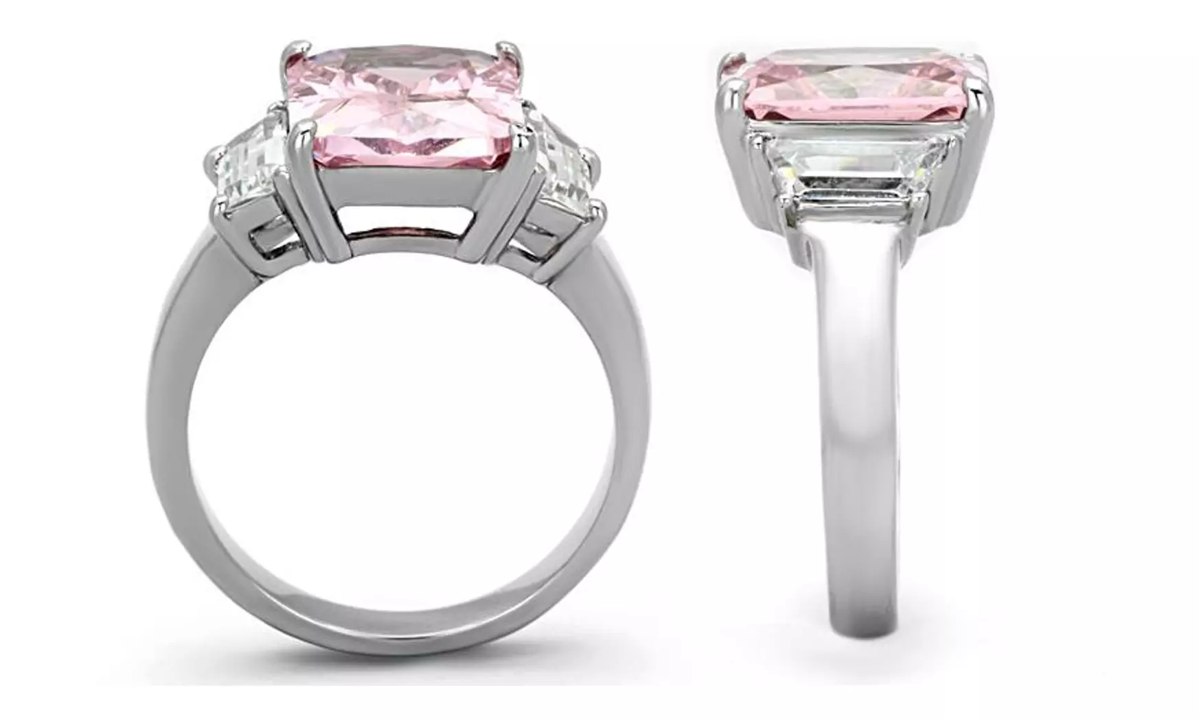 WOMENS 6.64 CT EMERALD CUT ROSE ZIRCONIA STAINLESS STEEL ENGAGEMENT RING