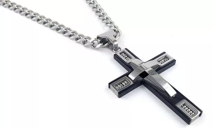 Men's Cross Necklace in Stainless Steel + 24" Inch Curb Chain