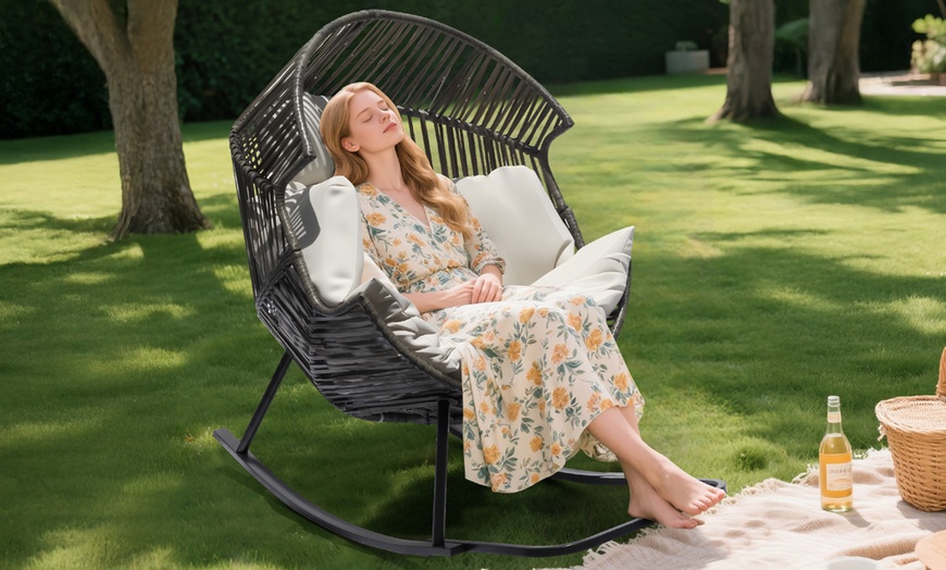 Image 3: Spacious Rattan Rocking Chair with Thick Cushion – Indoor & Outdoor