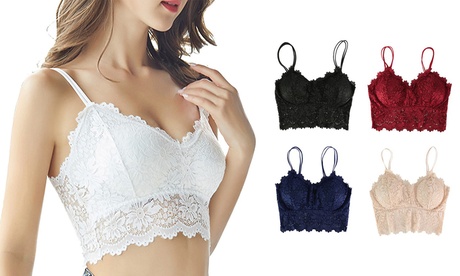 Women Bralette Bra Lingerie Push Up Crochet Wireless Lace Bra Crop Tank Top L/XL Black