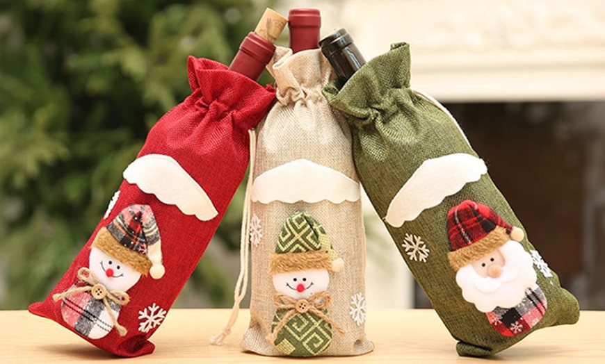 Image 3: 3 Packs Christmas Wine Bottle Bags / Santa Claus Cutlery Set