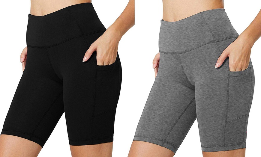 Image 6: 2-Pack Women High Waist Workout Yoga Side Pocket Compression Biker Shorts