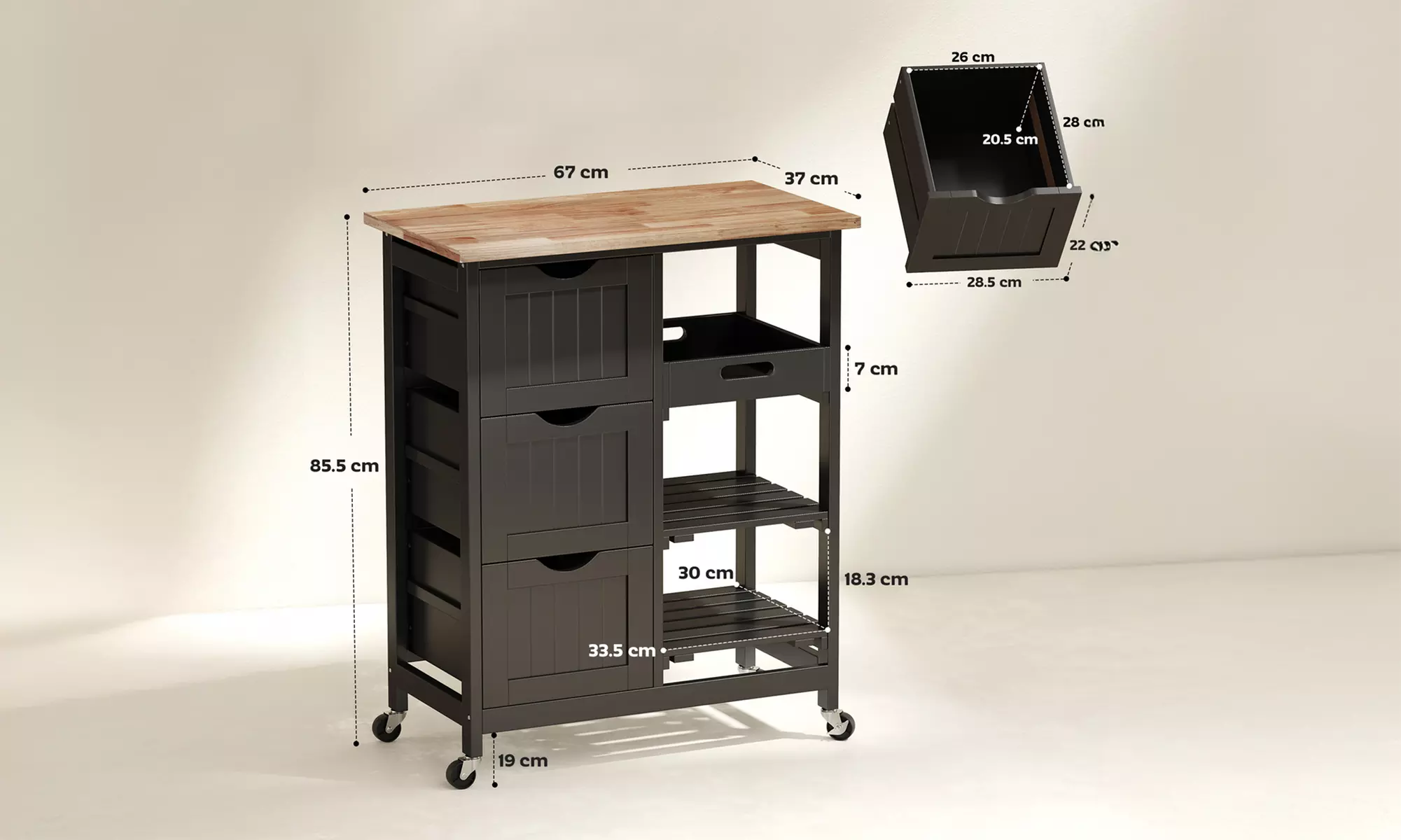 HOMCOM Kitchen Trolley Cart with Wooden Worktop