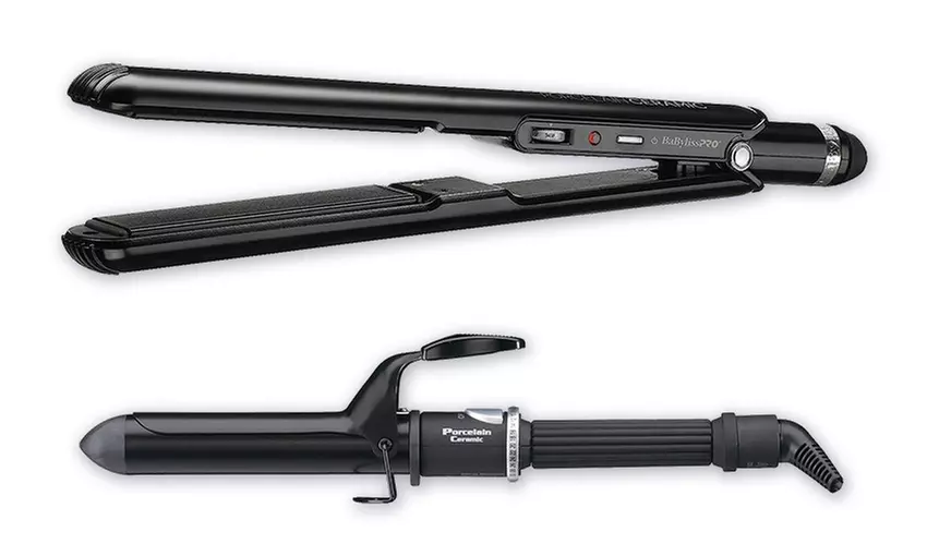 BabylissPRO Porcelain Ceramic 1" Flat Iron and 1 1/4" Spring Curling Iron Set - Primary Image