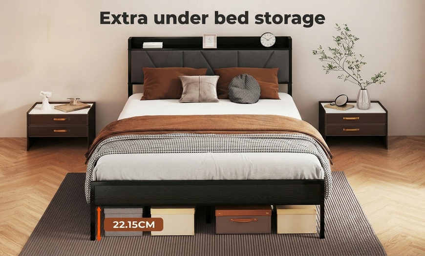 Image 3: Levede Upholstered Bed Frame with Storage Headboard and Steel Support