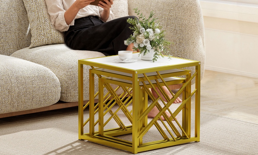 Image 4: HomCom Set of Three Stacking Coffee Tables in White and Gold Tone 