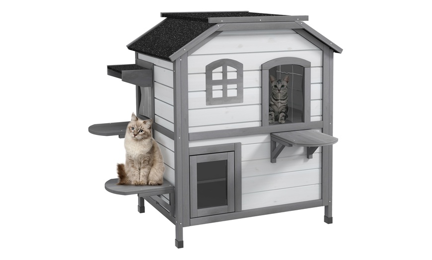 Image 2: PawHut Cat House Spacious Two-Level Design for Indoor/Outdoor Use