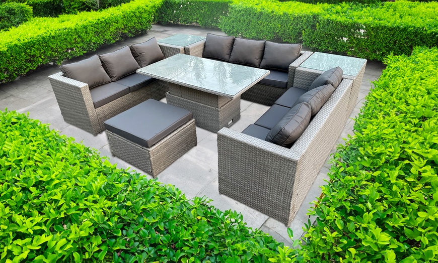 Image 1: 10-Seater Weather-Resistant Rattan Dining Set with Adjustable Table