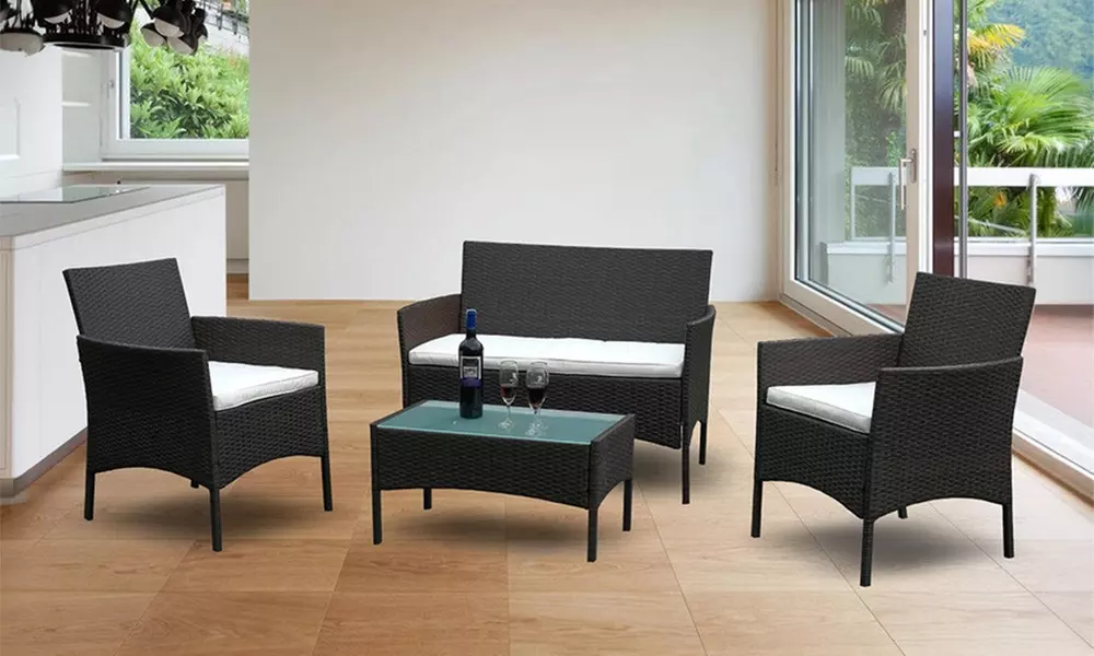 Salottino da Esterno Modulare in Polyrattan Nero per 4 Persone