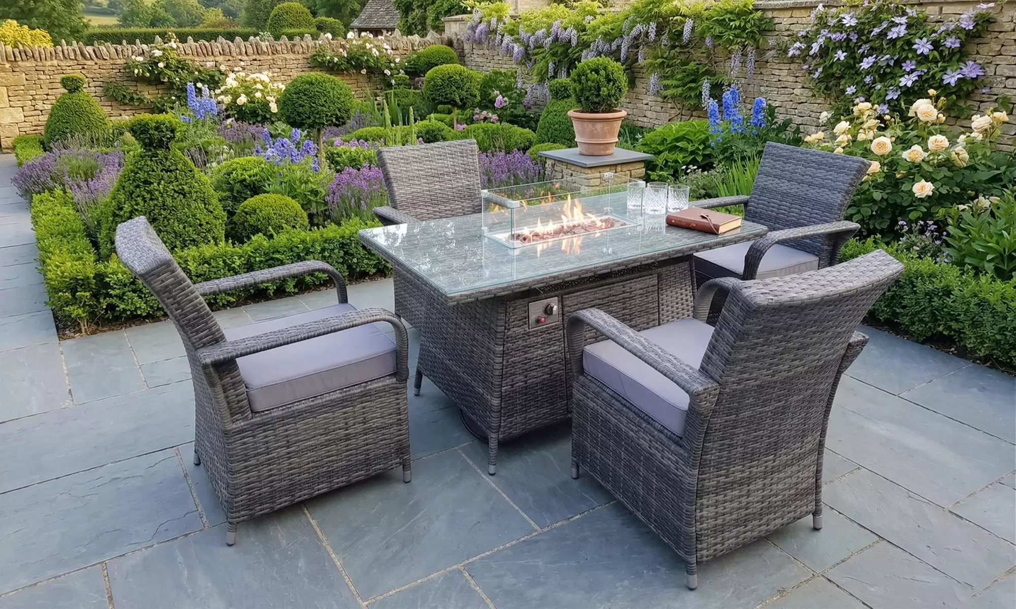 Four Seater Rattan Outdoor Garden Fire Pit Dining Set