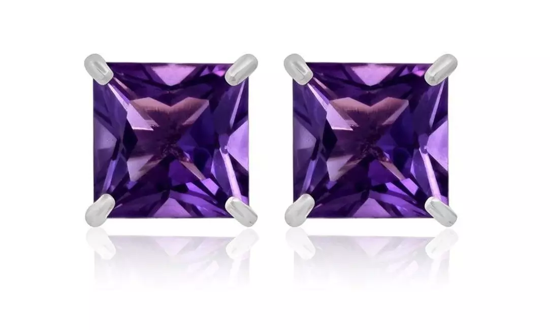 14k white Gold plated 4 Ct Princess Cut Purple Amethyst Stud Earrings. - Primary Image