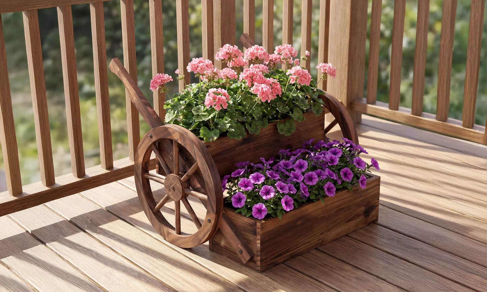 Costway 2-Tier Rustic Wooden Wagon Planter Box with Drainage Holes