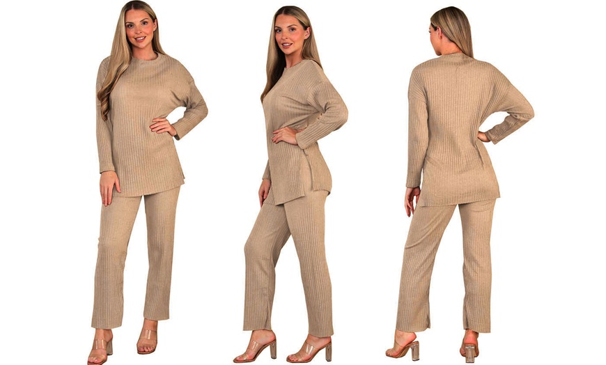 Image 12: Want Clothing Ribbed 2-Piece Wide Leg Loungewear Suit