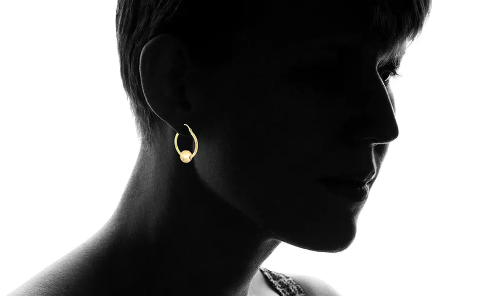 14K Solid Yellow Gold Hoop Earrings with Ball Slider - Second Medium