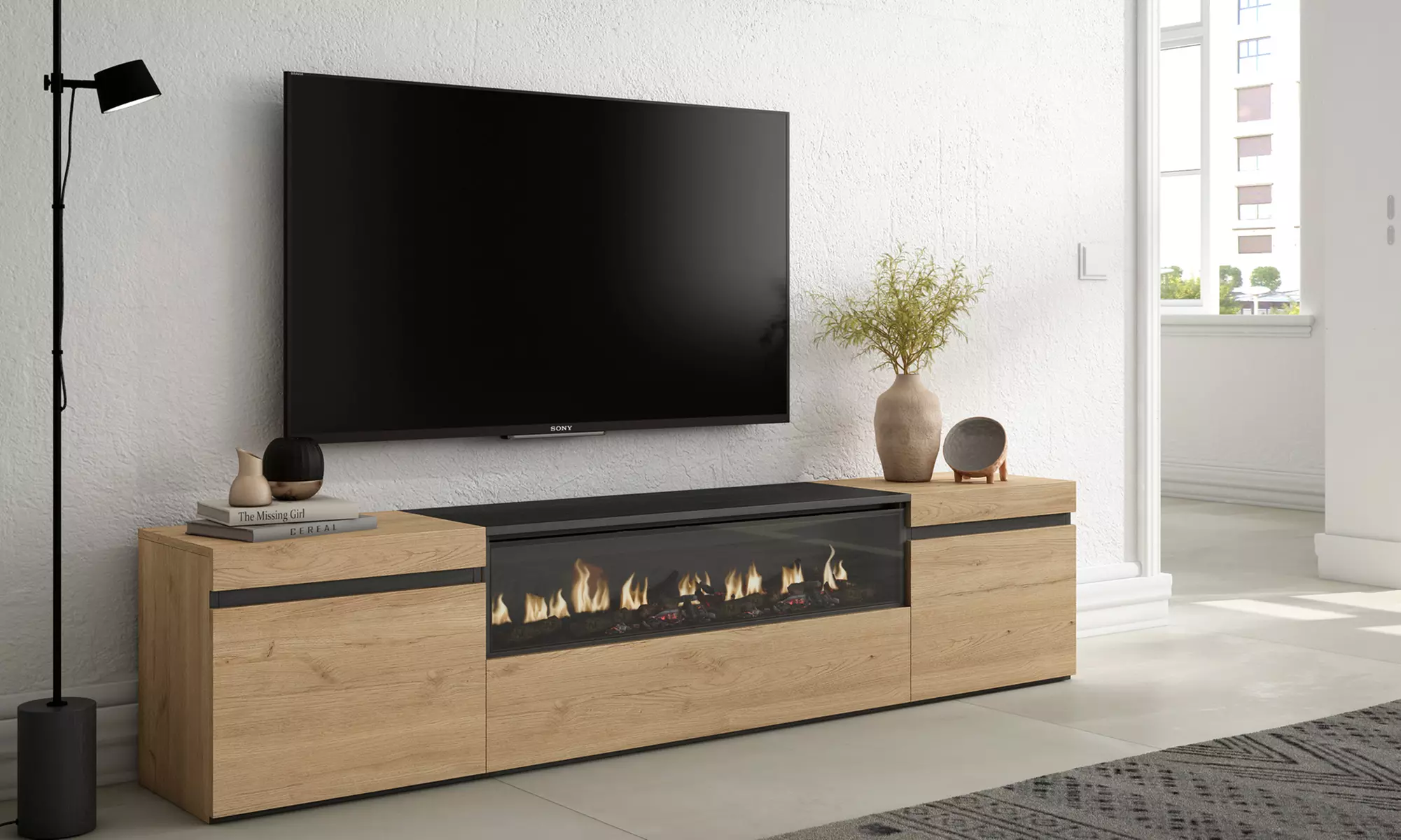 Mobile Porta TV Moderno (200cm) - Scegli tra Camino Elettrico 3D o Vano Extra