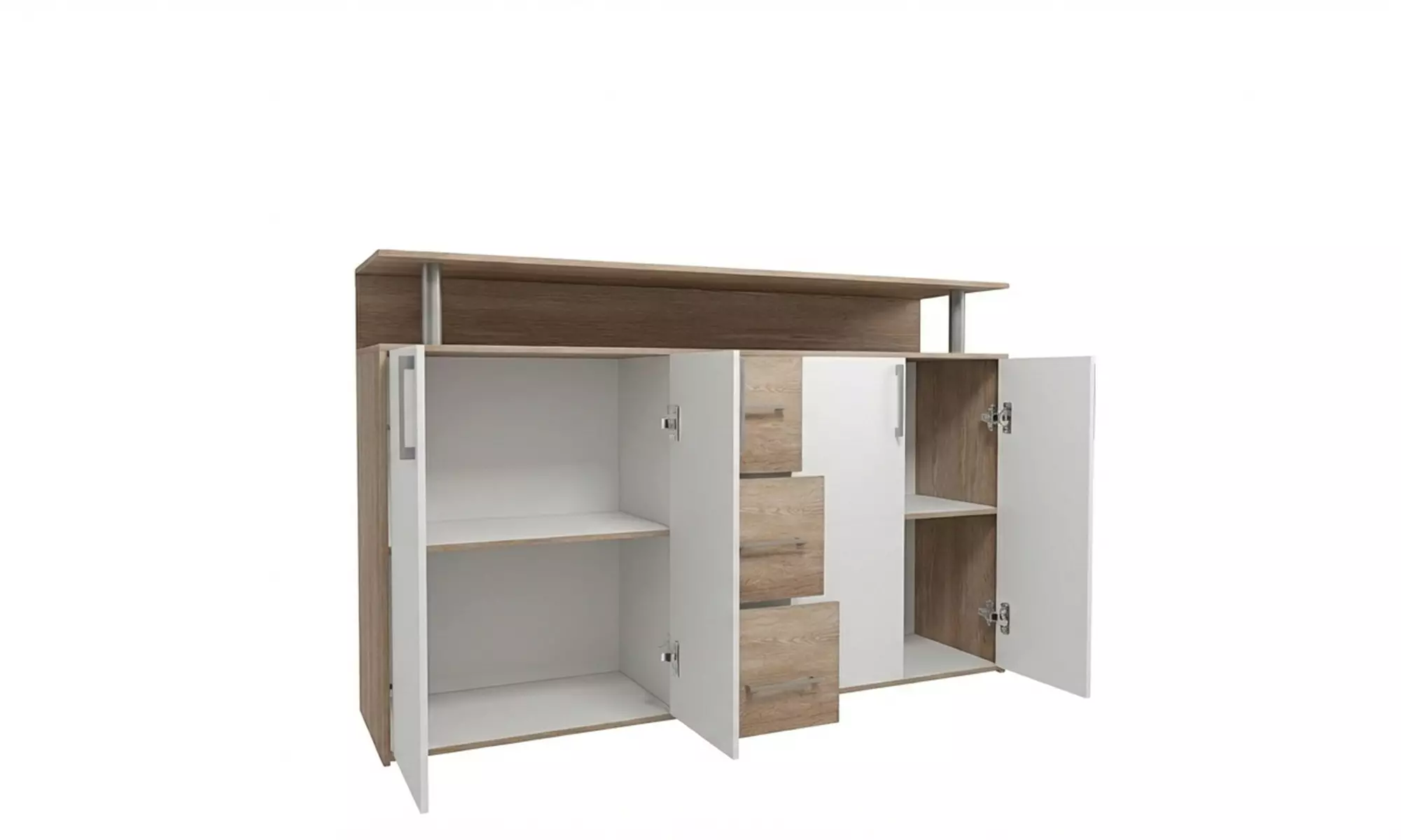 Credenza moderna bianca con ante, cassetti e ripiani