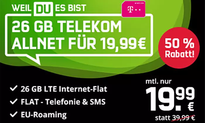 Telekom 26 GB LTE + Telefonie- & SMS-Flat + EU-Roaming für 19,99 €/Monat von mobilcom debitel (24 Mon. Vertragslaufzeit) - Primary Image