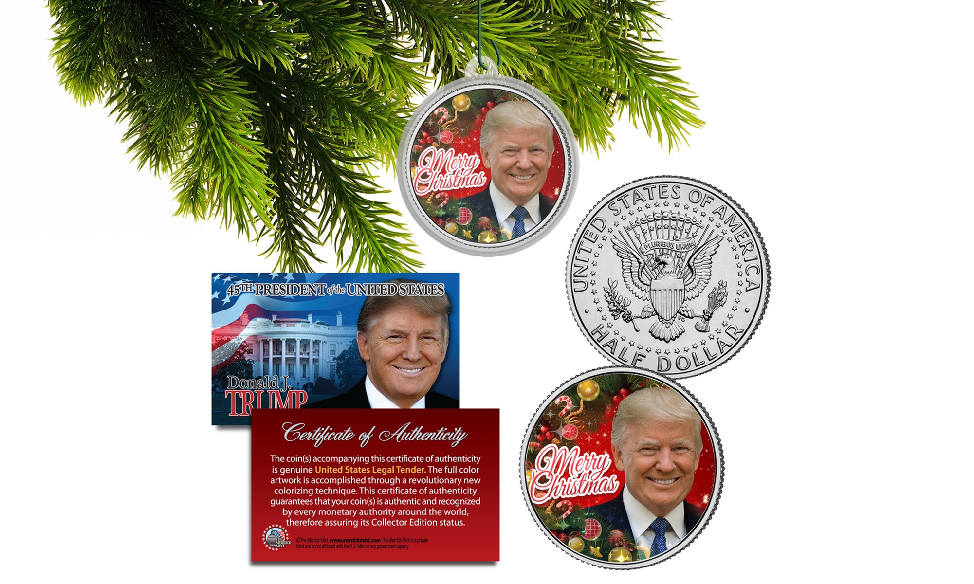 DONALD TRUMP Genuine XMAS JFK Half Dollar Coin in Christmas Ornament Capsule