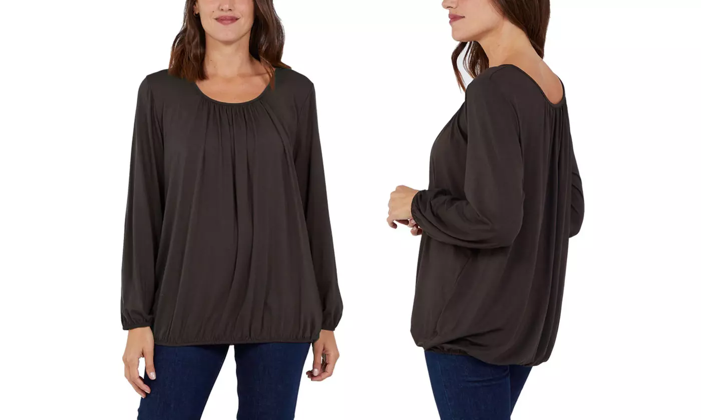 Ladies Baggy Fit Ruched Neck Long Sleeve Top
