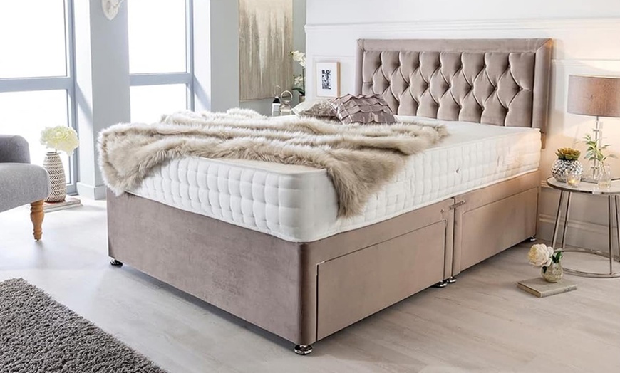 Image 1: Chesterfield Plush Divan Bed with Memory Foam Sprung Mattress 