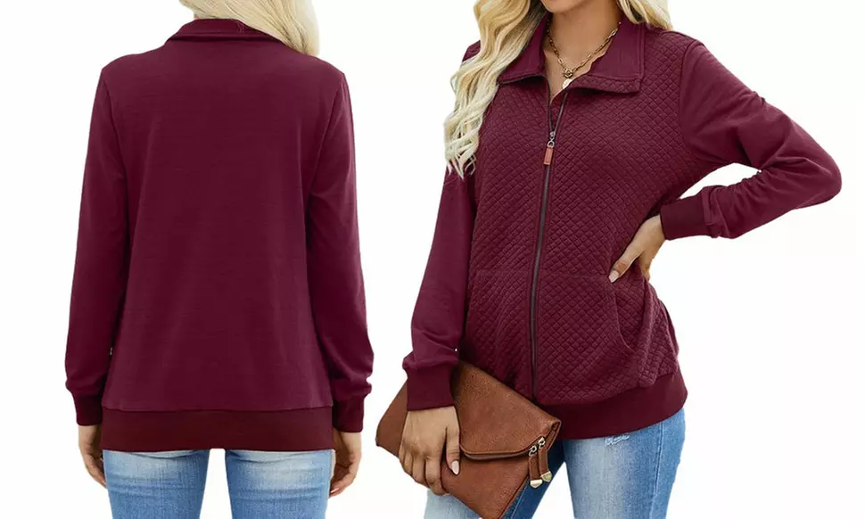 Elings Women Quilted Zip Up Pockets Lightweight Sweatshirt Jacket (S-XL) - Second Medium