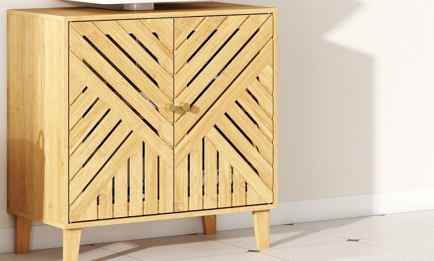 Image 12: Homcom Bamboo Bathroom Under Sink Cabinet with Adjustable Shelf