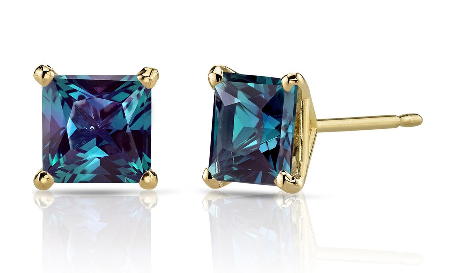 24k Yellow Gold Plated 2 Cttw Alexandrite Princess Cut Stud Earrings