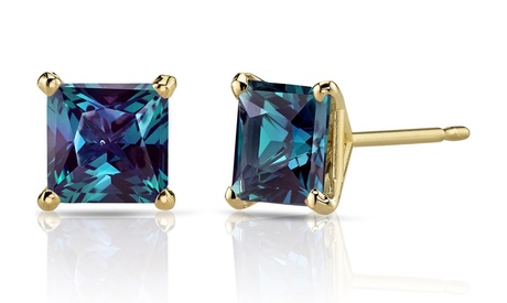24k Yellow Gold Plated 2 Cttw Alexandrite Princess Cut Stud Earrings June 2 ct Princess Alexandrite Yellow Gold