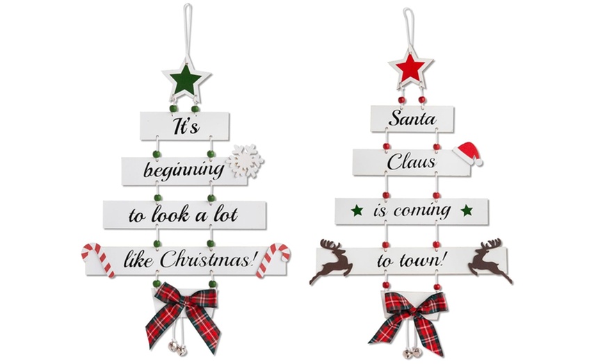 Image 2: Two Pieces Wooden Christmas Decorations Large Hanging Indoor Decor