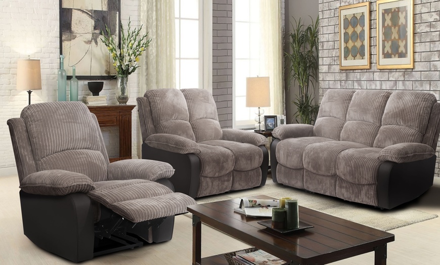 Image 2: Jumbo Cord Fabric Reclining Sofa Set
