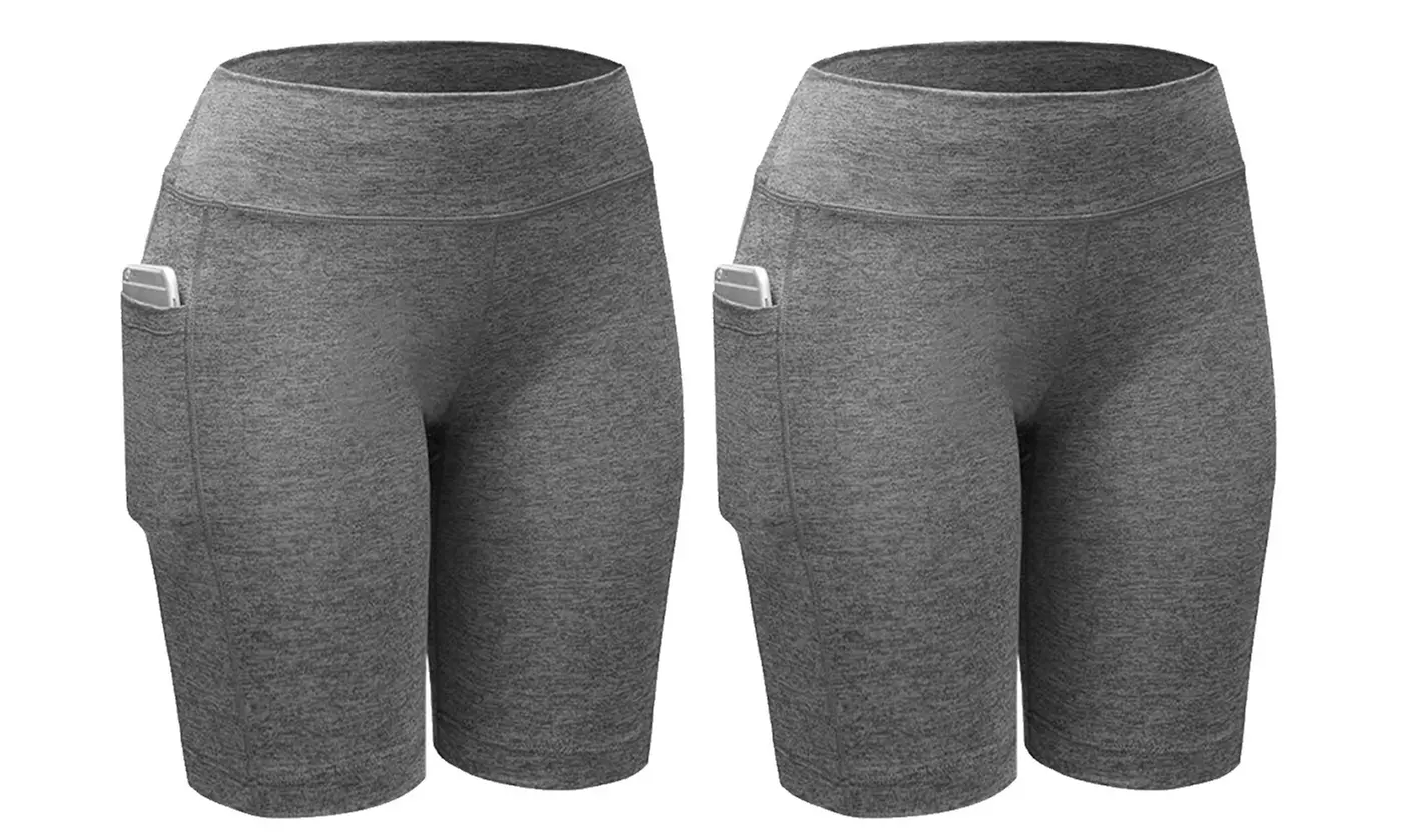 Women Activewear Workout Bike Yoga Shorts Stretch Mid Thigh Leggings with Pocket